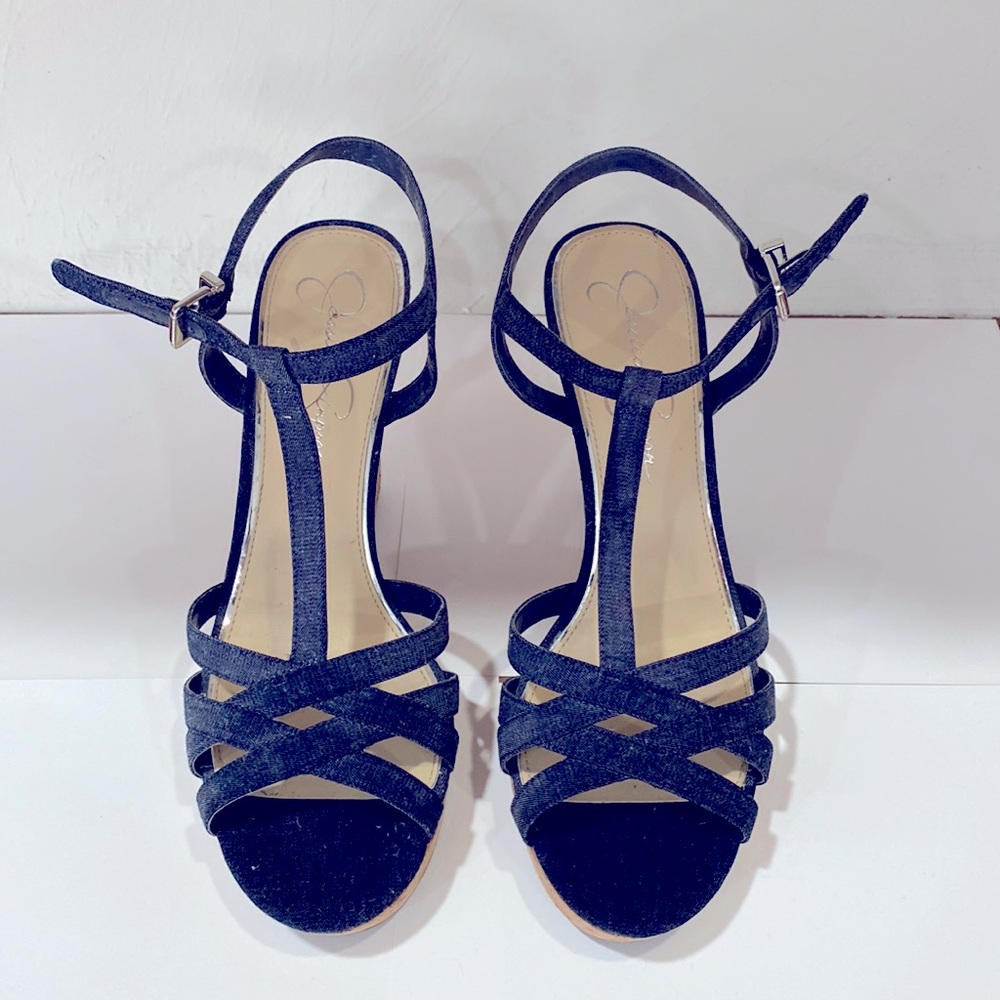 Jessica Simpson Denim wedges ankle buckle peep toe shoes